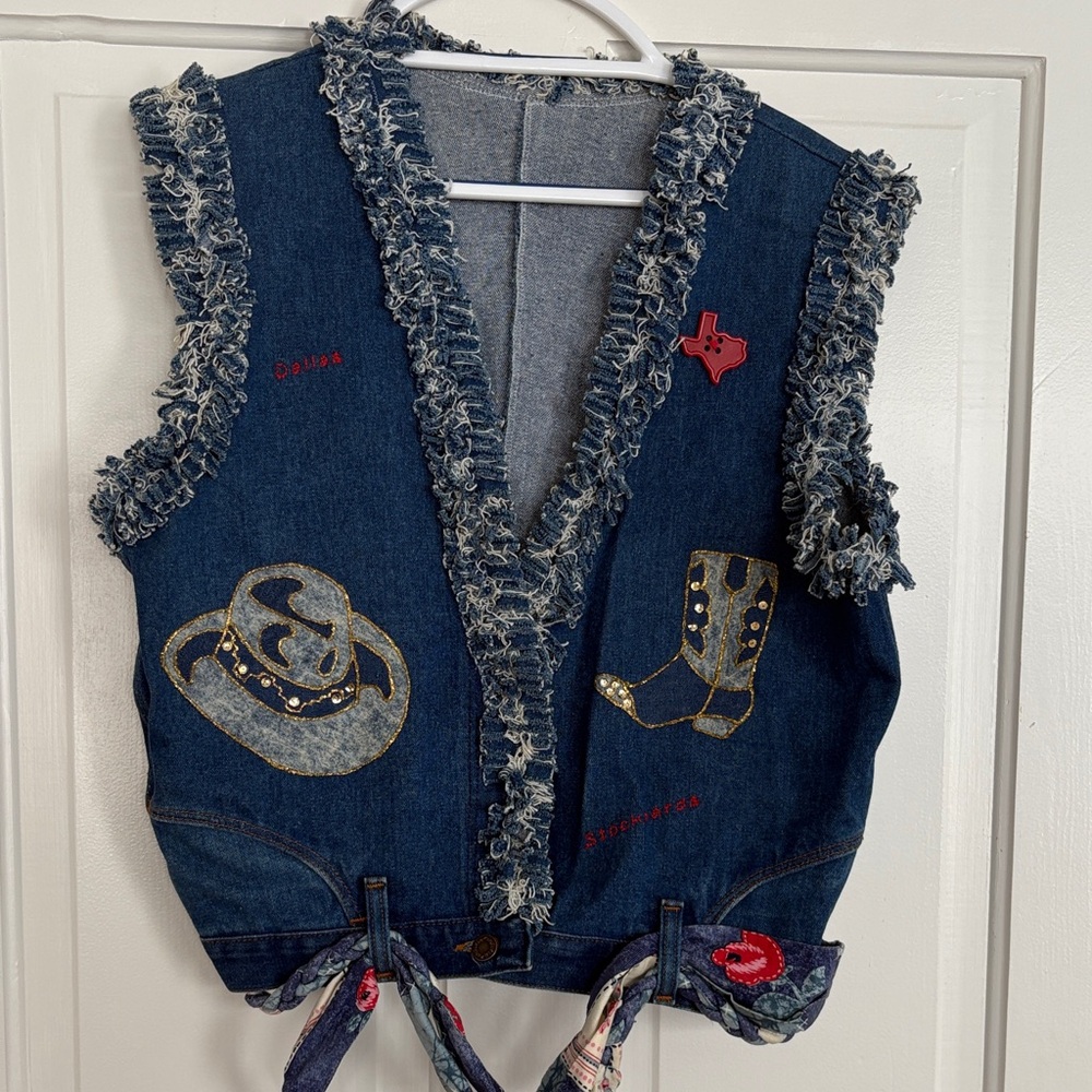 Super Tacky Dallas Texas Woman’s denim Vest Made‎ from Blue Jeans